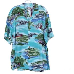 PARADISE FOUND Hawaiian shirt vintage seaplane print WWII South Pacific XL men’s